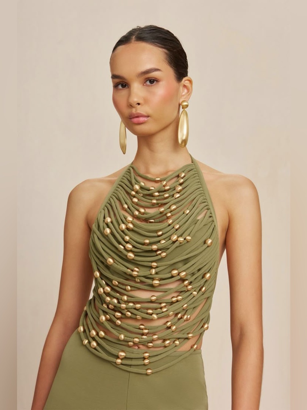 Cult Gaia Jonna Beaded Open Back Halter Top Tea Green Large